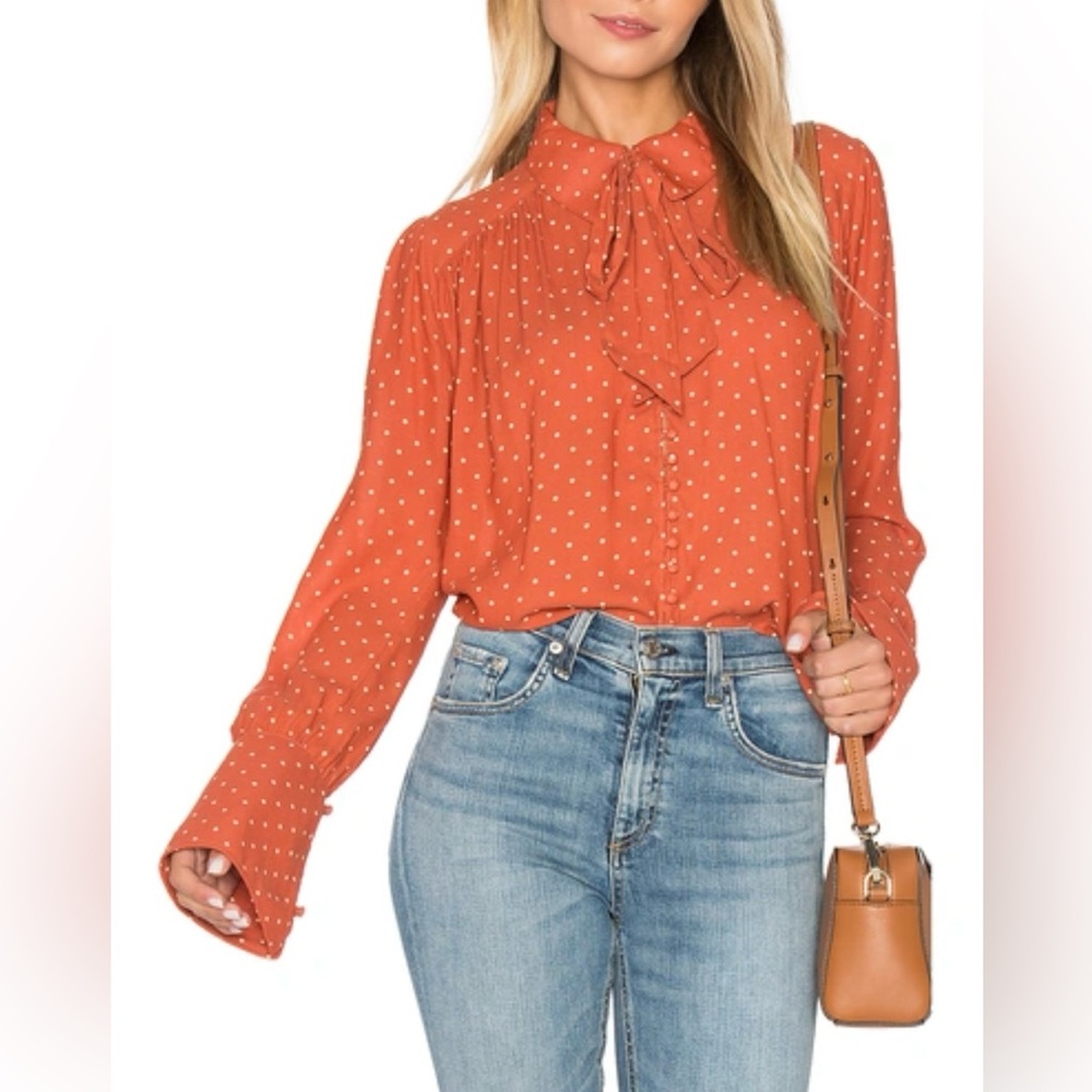 Free People Rust Polka Dot Tie-Neck Blouse